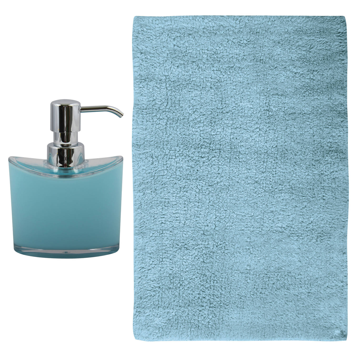 MSV badkamer droogloop mat-tapijt Sienna 40 x 60 cm bijpassende kleur zeeppompje lichtblauw Badmatje