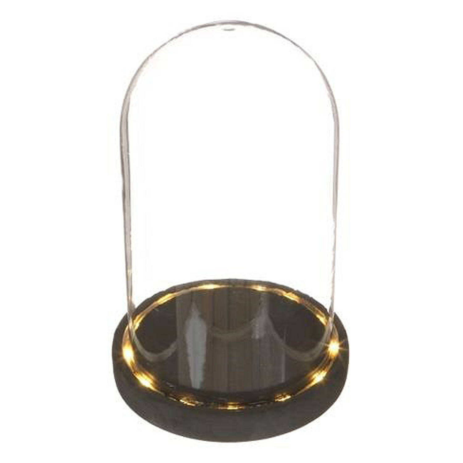 Ideas 4 Seasons Decoratie stolp - glas - houten plateau - zwart - LED verlichting - D14 x H21,5 cm