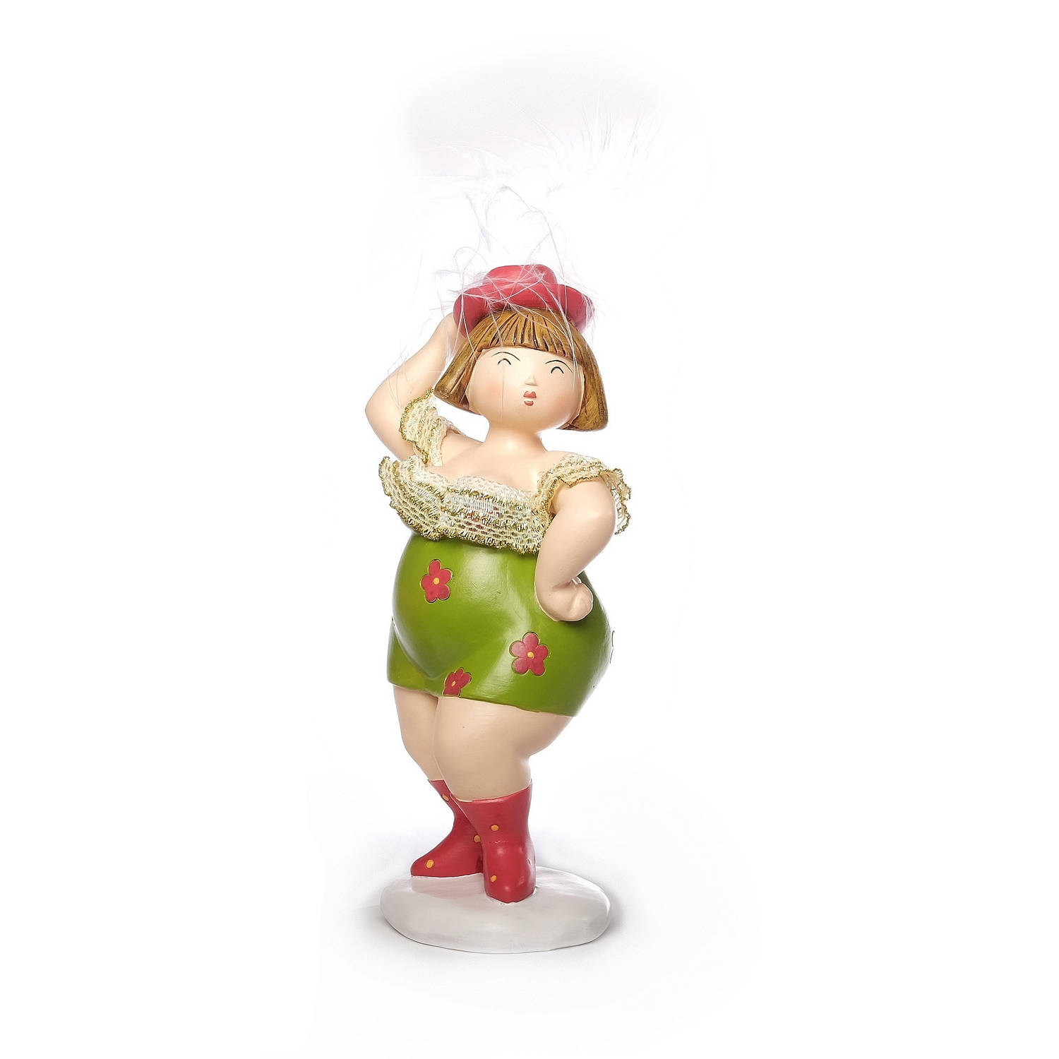 Inware Home decoratie beeldje dikke dame staand jurk groen 20 cm Beeldjes