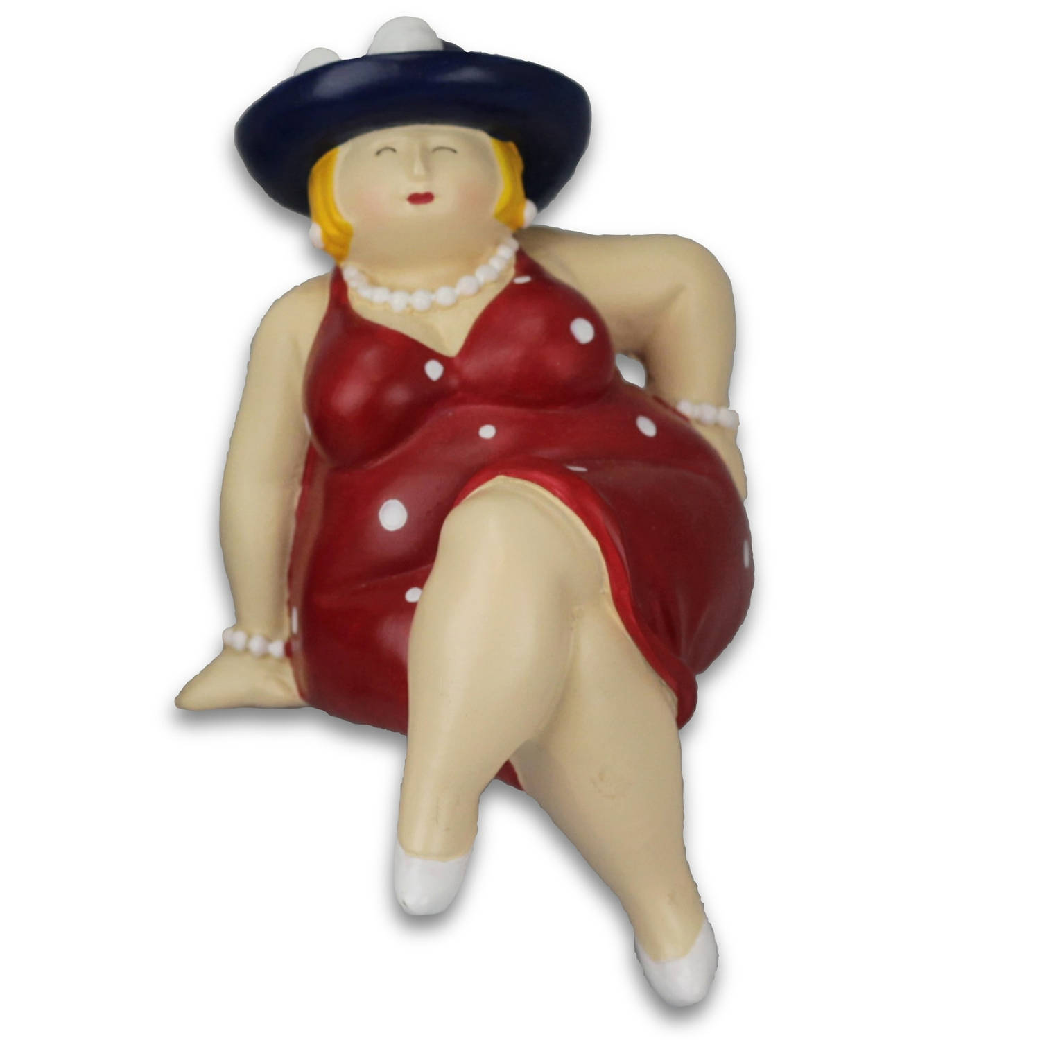Inware Home decoratie beeldje dikke dame - zittend - jurk rood - 15 cm
