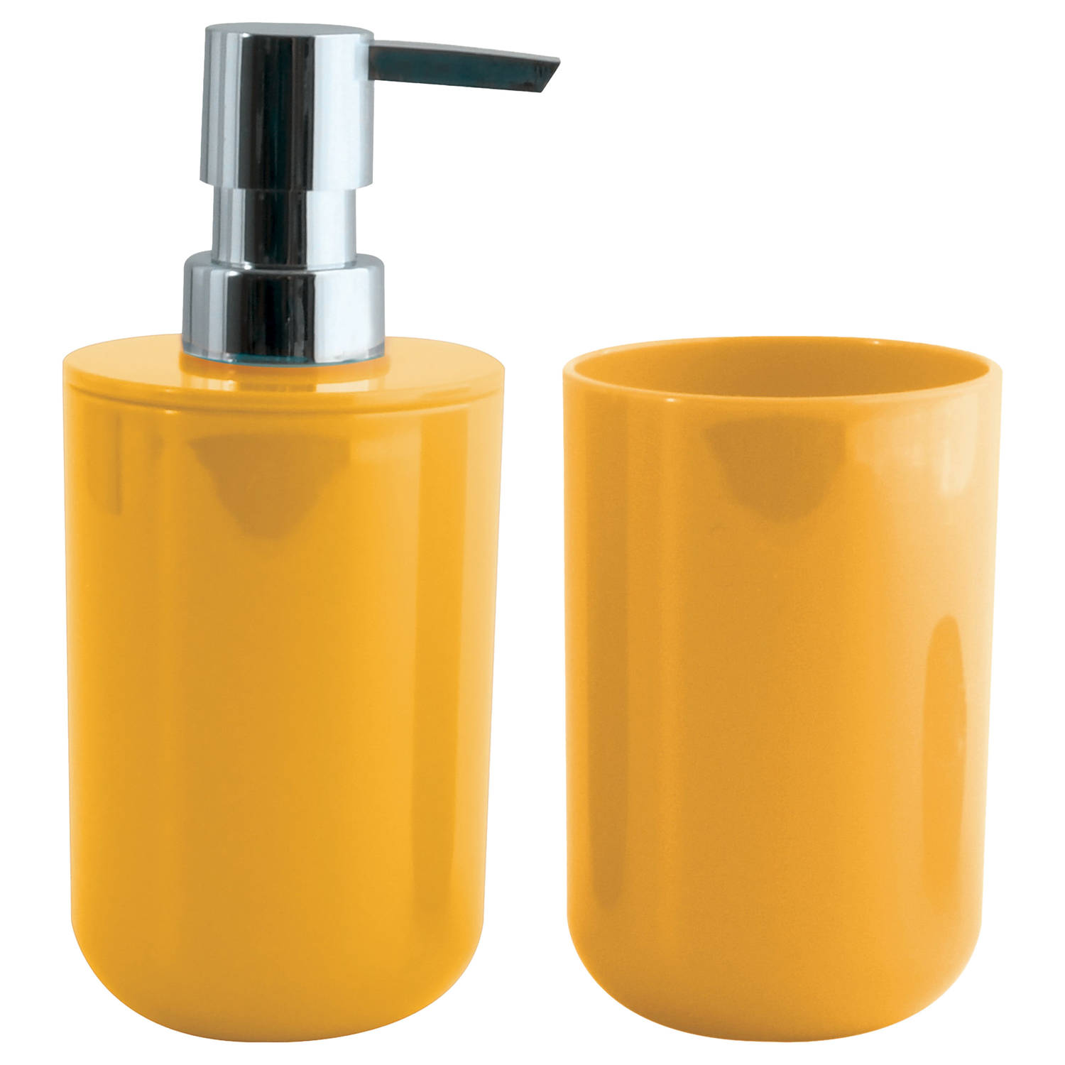 MSV Zeeppompje en drink-tandenborstel beker badkamer set Porto kunststof saffraan geel Badkameracces