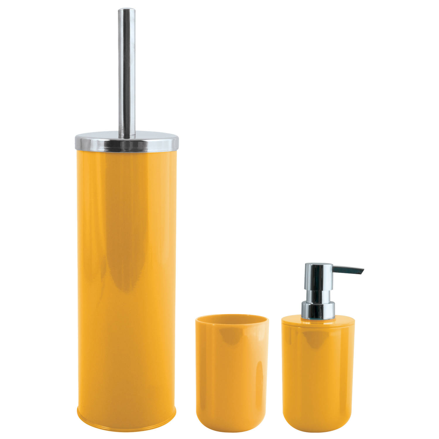 MSV Toiletborstel in houder-beker-zeeppompje badkamer set Moods metaal-kunststof saffraan geel Badka