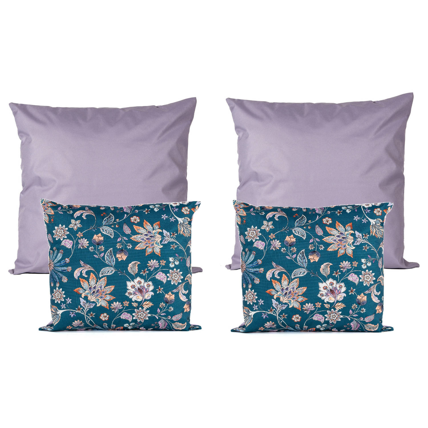 Bank-tuin kussens set binnen-buiten 4x stuks lila paars-bloemen In 2 formaten Sierkussens