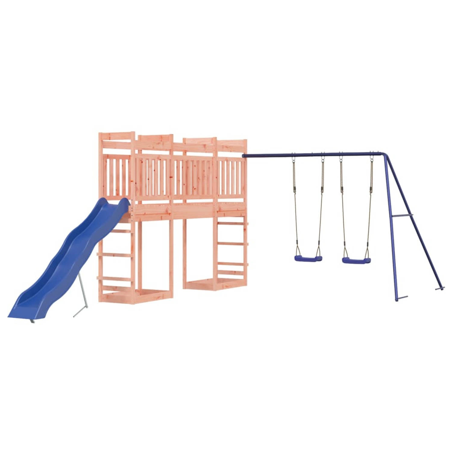 The Living Store Speeltorens met brug - Massief douglashout - Golfglijbaan - Dubbele schommelset - 314 x 535 x 207 cm - Blauwe glijbaan - Blauwe schommel - Montage vereist