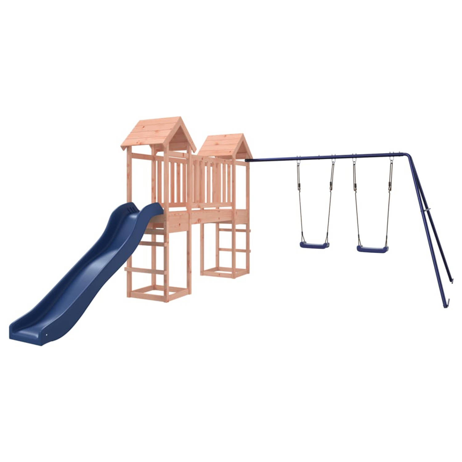 The Living Store Speeltorens met brug - Houten speeltoestel - Massief douglashout - 308 x 393 x 194 cm - Dubbele schommelset - Golfglijbaan - Blauw - Voor kinderen van 3-8 jaar - M