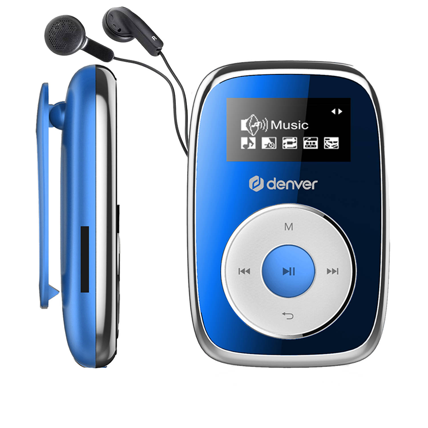 Denver MP3 Speler Incl. Oordopjes - 32GB - Shuffle modus - Kinderen & Volwassenen - Bevestigingsclip - AUX - MicroSD - MPS316 - Blauw