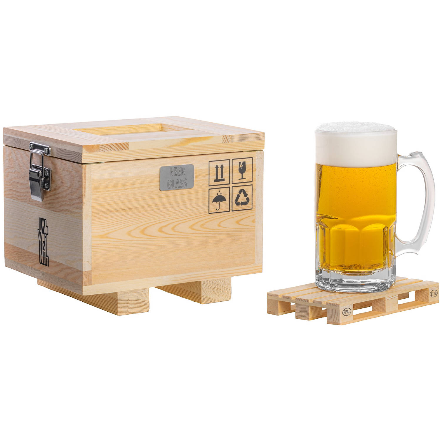 Labyrinth® MEGA Bierglas in houten kist (27x21x21 cm) met houten onderzetter 1 liter bierpul Bier ca