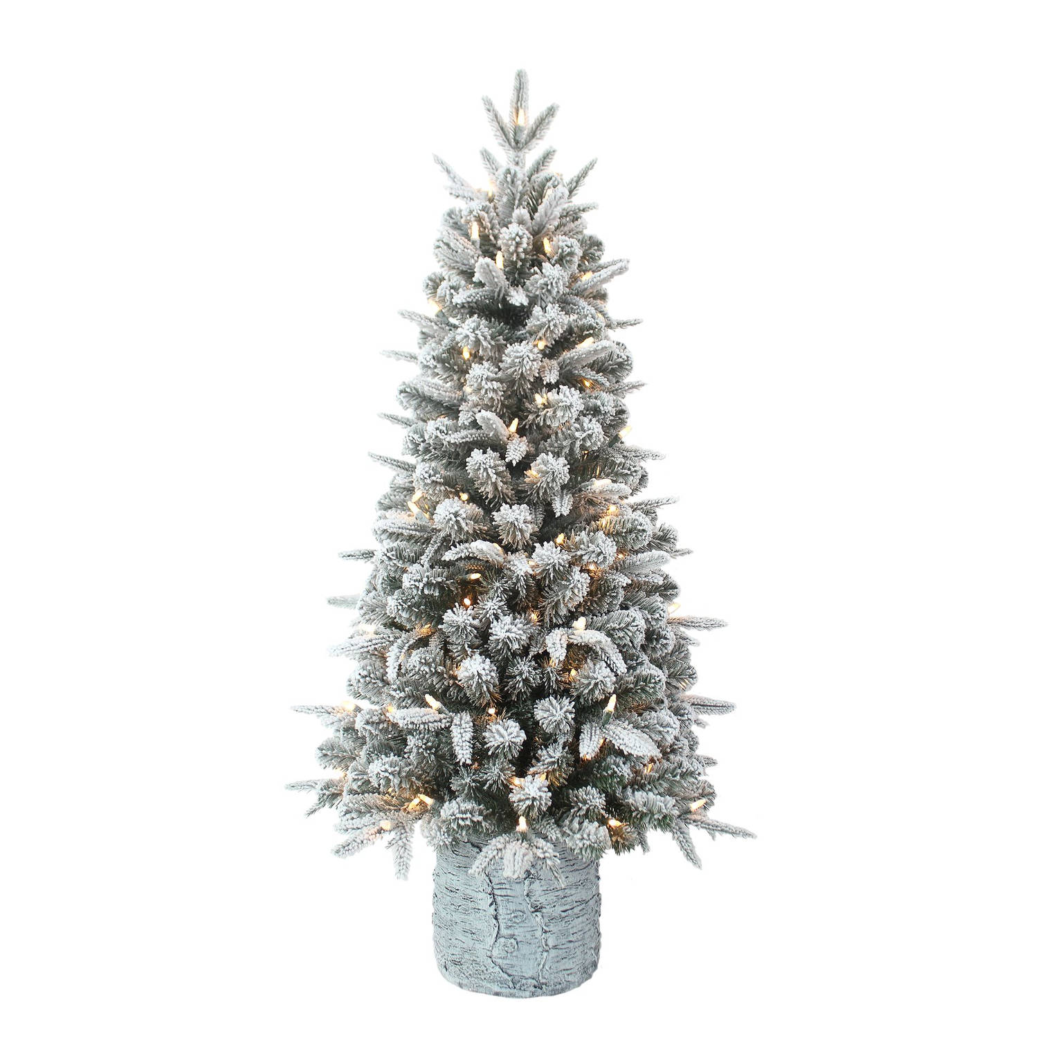 Aspen kunstkerstboom - 122 cm - groen - 140 ledlampjes - besneeuwd - houten pot