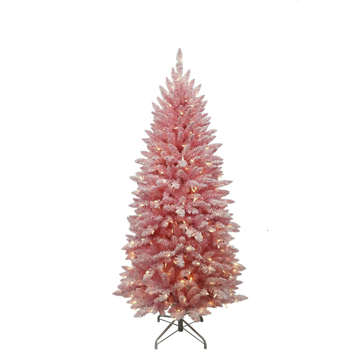 Funky Pink kunstkerstboom - 213 cm - roze - 400 ledlampjes - besneeuwd - metalen voet