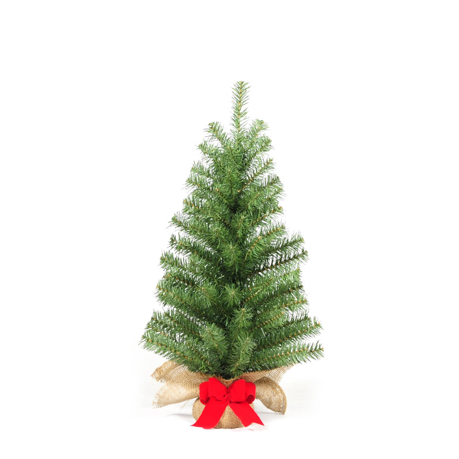 Forest Table Tree kunst (tafel)kerstboom - 60 cm - groen - Ø 35 cm - 82 tips - met rode strik - jute zak