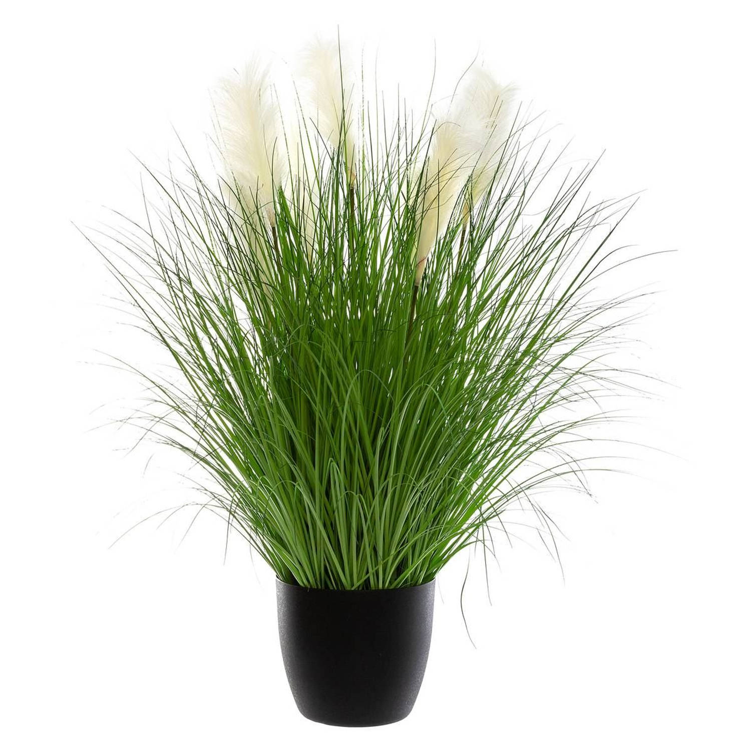 Kunstplant siergras met witte pluimen groen/Wit - zwarte pot - Groot model - 105 cm Hoog