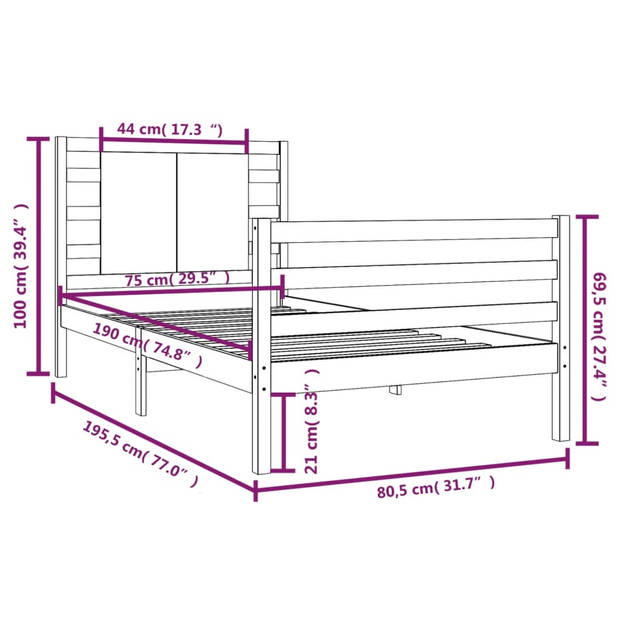 vidaXL Bedframe massief grenenhout zwart 75x190 cm