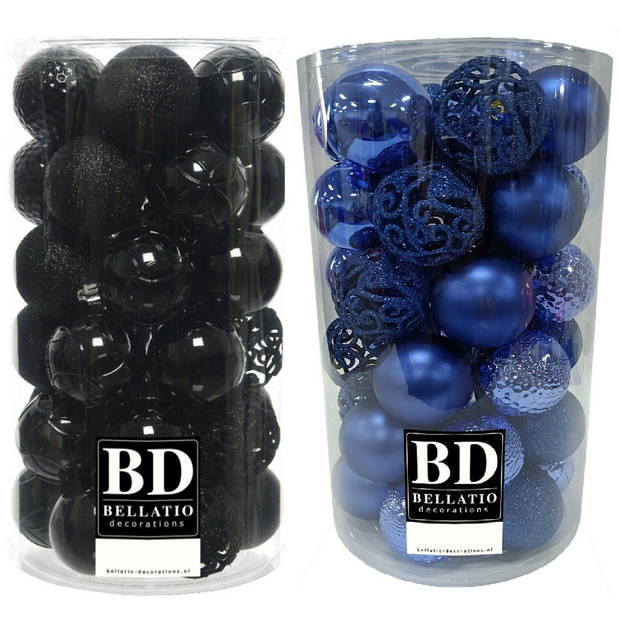 74x stuks kunststof kerstballen mix zwart en kobalt blauw 6 cm - Kerstbal