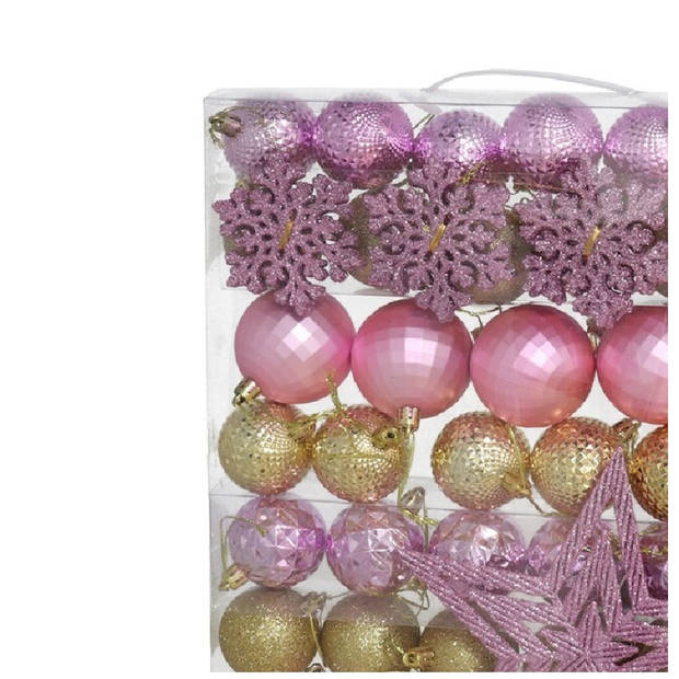 Gerimport Kerstballen - met ster piek - 57-delig - roze/goud - kunststof - Kerstbal