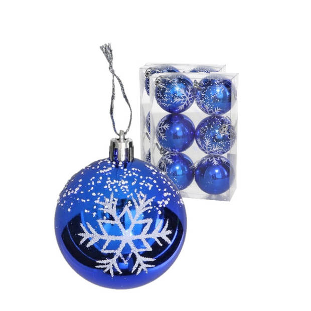 Kerstballen gedecoreerd - 12x st - 6 cm - kunststof - blauw - Kerstbal