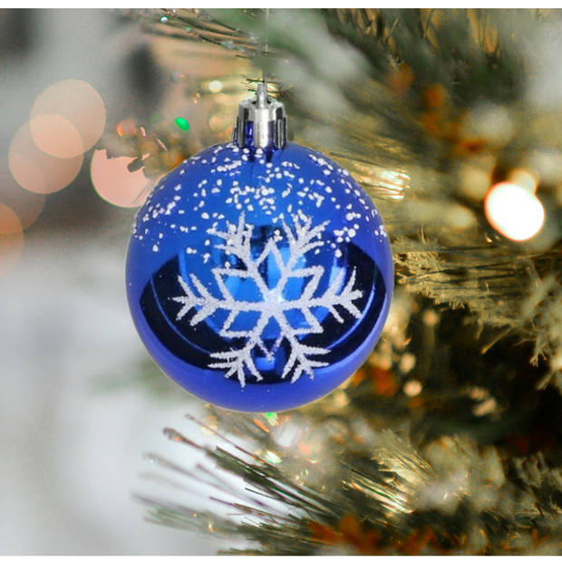 Gerimport Kerstballen - gedecoreerd - 6x st - 6 cm - kunststof - blauw - Kerstbal