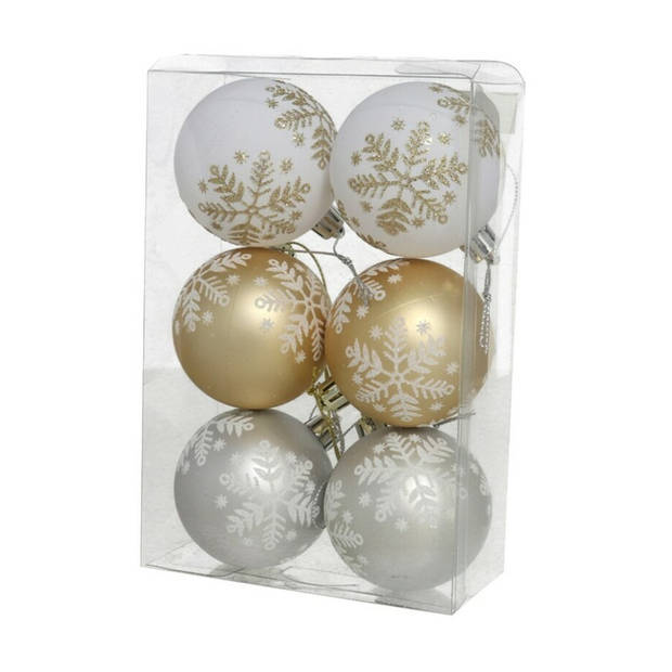 Kerstballen gedecoreerd - 18x st - 6 cm - kunststof - goud/wit/zilver - Kerstbal