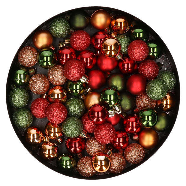 Kleine kunststof kerstballen 60x stuks 3 cm in rood-koper-groen - Kerstbal