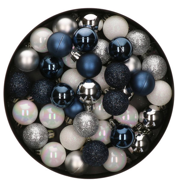 42x Stuks kunststof kerstballen mix wit/zilver/blauw 3 cm - Kerstbal