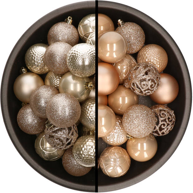 Kunststof kerstballen 74x stuks champagne en lichtbruin 6 cm - Kerstbal