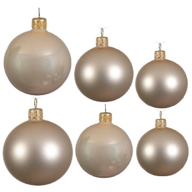 Glazen kerstballen pakket champagne glans/mat 16x stuks diverse maten - Kerstbal