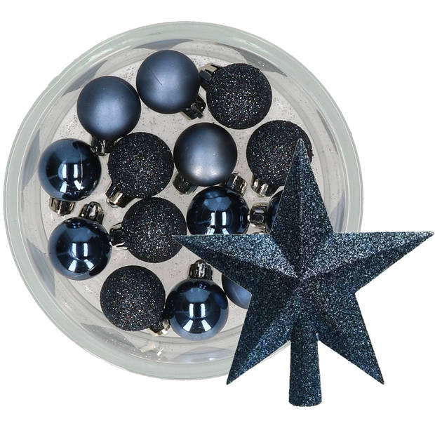 Decoris 14x stuks kerstballen 3 cm met ster piek donkerblauw kunststof - Kerstbal