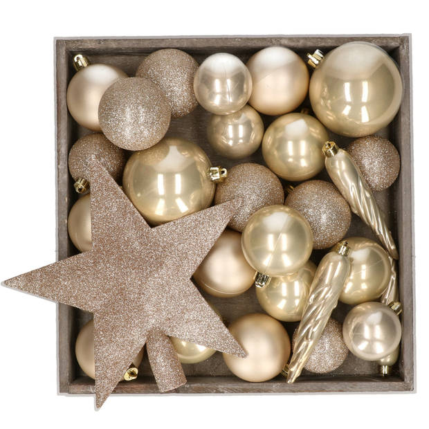 Kunststof kerstballen - 45x stuks - met ster piek - champagne - Kerstbal