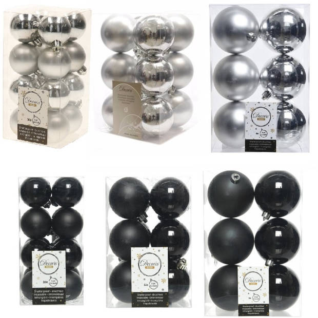 Kerstversiering kunststof kerstballen mix zwart/zilver 4-6-8 cm pakket van 68x stuks - Kerstbal