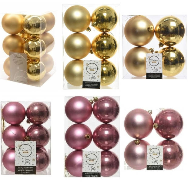 Kerstversiering kunststof kerstballen mix oud roze/goud 6-8-10 cm pakket van 44x stuks - Kerstbal