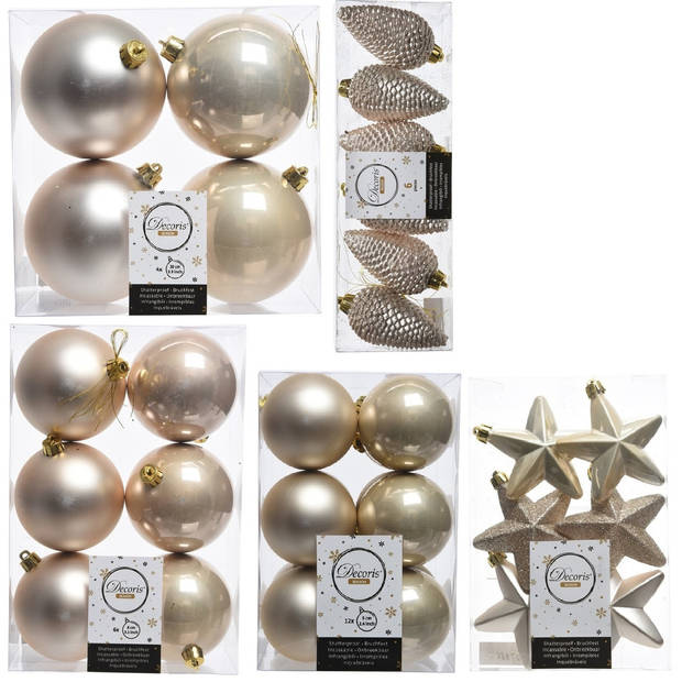 Kerstversiering kunststof kerstballen parel/champagne 6-8-10 cm pakket van 68x stuks - Kerstbal