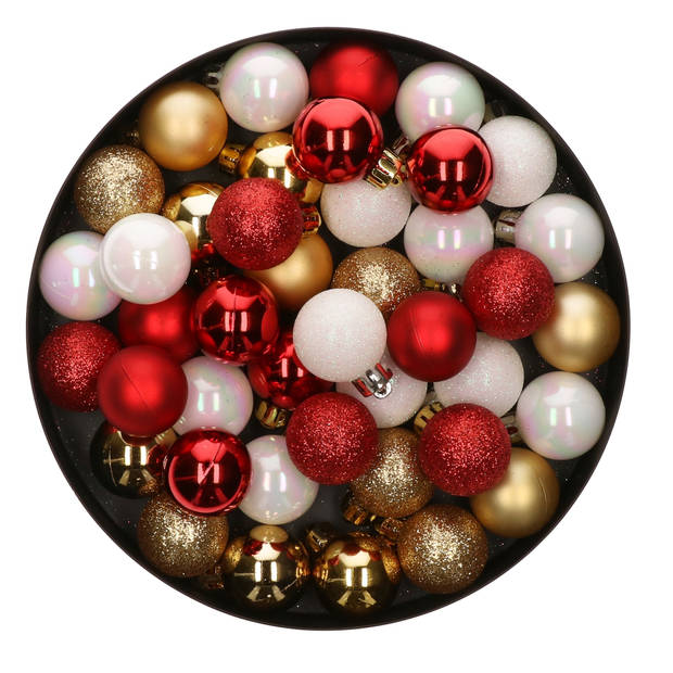 42x Stuks kunststof kerstballen mix wit/goud/rood 3 cm - Kerstbal