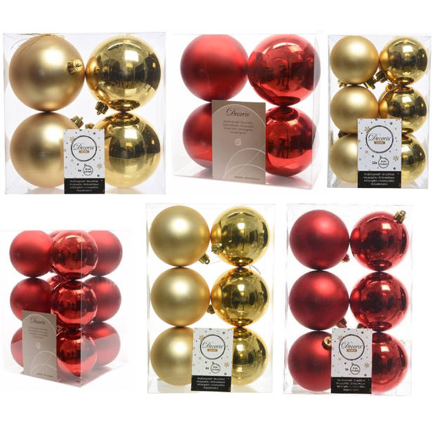 Kerstversiering kunststof kerstballen mix rood/goud 6-8-10 cm pakket van 44x stuks - Kerstbal