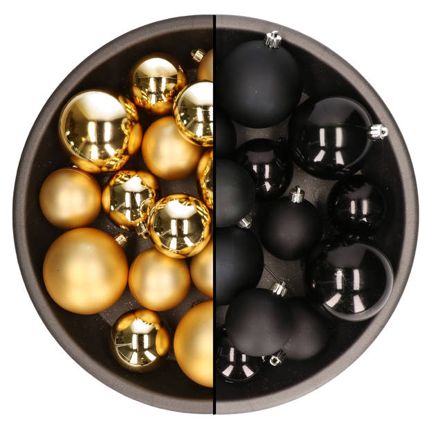 Kerstversiering kunststof kerstballen mix zwart/goud 4-6-8 cm pakket van 68x stuks - Kerstbal