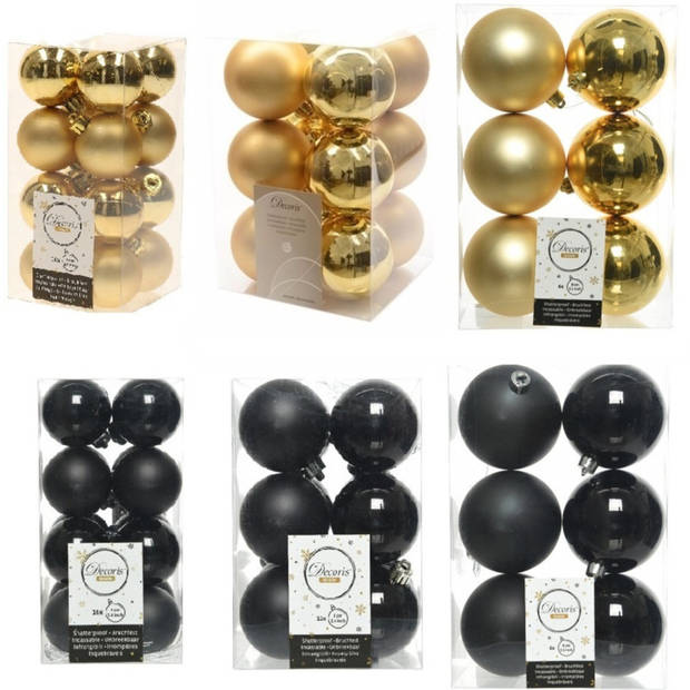 Kerstversiering kunststof kerstballen mix zwart/goud 4-6-8 cm pakket van 68x stuks - Kerstbal