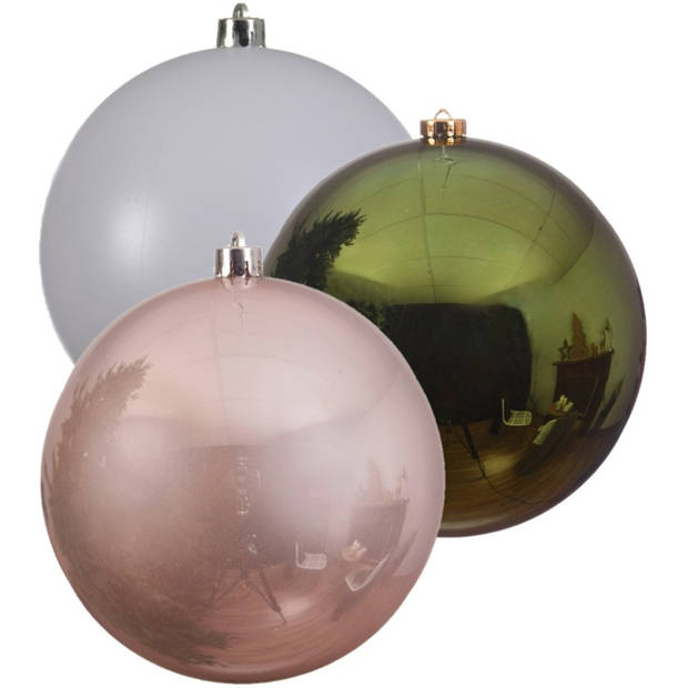 Kerstversieringen set van 6x grote kunststof kerstballen groen-wit-roze 14 cm glans - Kerstbal