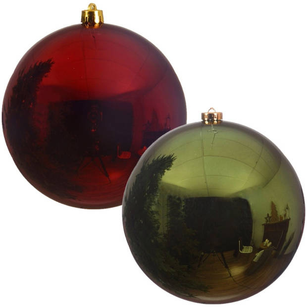 Kerstversieringen set van 6x grote kunststof kerstballen rood en groen 14 cm glans - Kerstbal