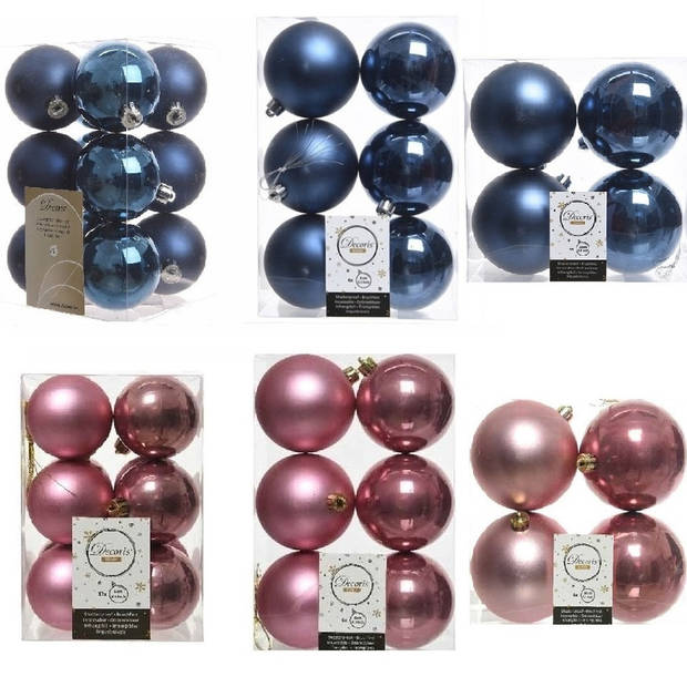 Kerstversiering kunststof kerstballen mix donkerblauw/oud roze 6-8-10 cm pakket van 44x stuks - Kerstbal