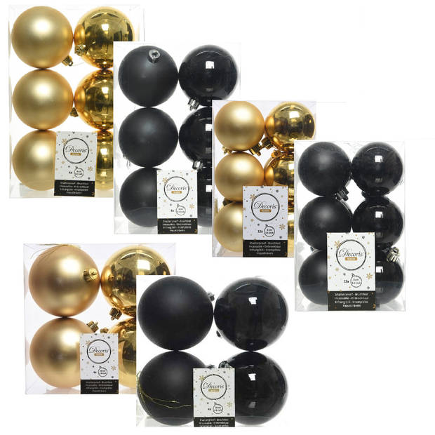 Kerstversiering kunststof kerstballen mix zwart/goud 6-8-10 cm pakket van 44x stuks - Kerstbal