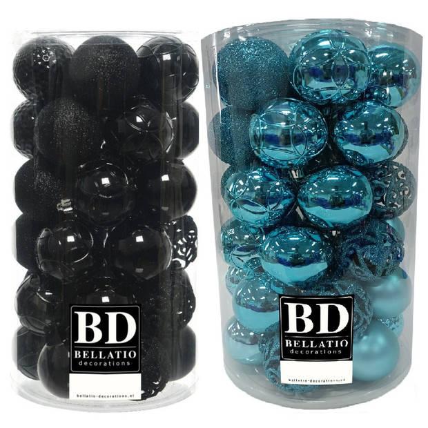 74x stuks kunststof kerstballen mix zwart en turquoise blauw 6 cm - Kerstbal
