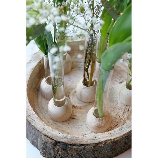 Ideas4Seasons Stekvaasje/bloemenvaasje reageerbuis model - D2 x H15 cm - op voet van hout - Vazen