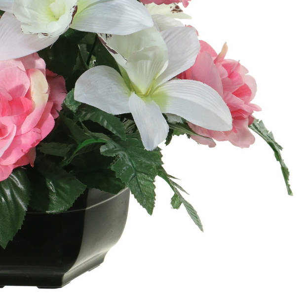 Louis Maes Kunstbloemen plantje in pot - kleuren roze/wit - 25 cm - Bloemstuk ornament - orchidee/rozen met bladgroen -