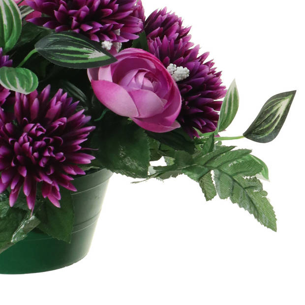 Louis Maes Kunstbloemen plantje in pot - kleuren paars - 25 cm - Bloemstuk ornament - ranonkels/asters met bladgroen - K