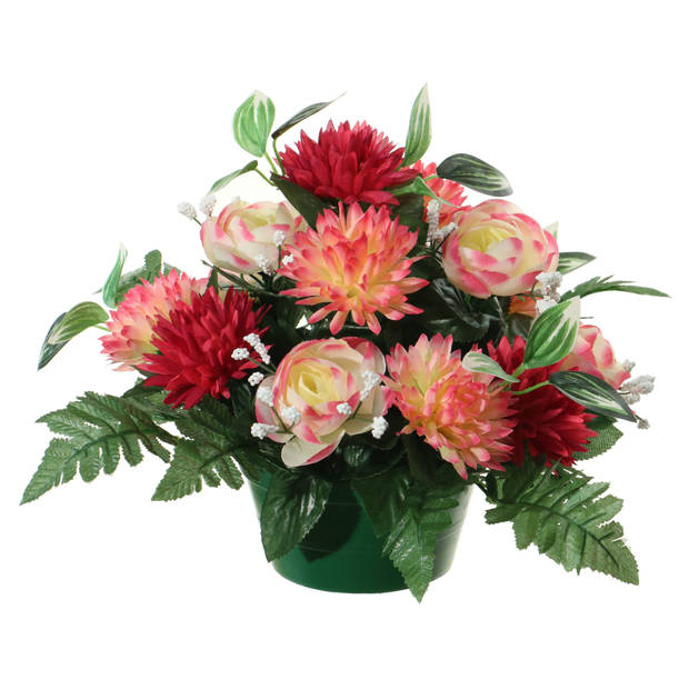 Louis Maes Kunstbloemen plantje in pot - multi kleuren - 25 cm - Bloemstuk ornament - ranonkels/asters met bladgroen - K