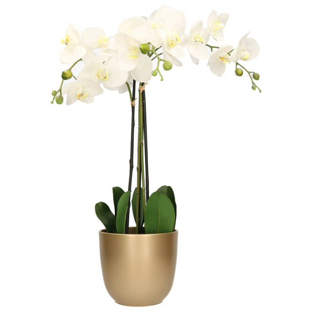 Orchidee kunstplant wit - 75 cm - inclusief bloempot goud glans - Kunstplanten