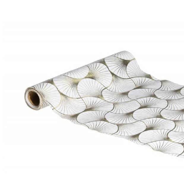 Chaks Tafelloper op rol - ginkgo print - wit/grijs - 28 x 300 cm - polyester - Feesttafelkleden