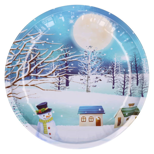 Kerst borden - 2x st - 26 cm - metaal - blauw met sneeuwpop - Bordjes