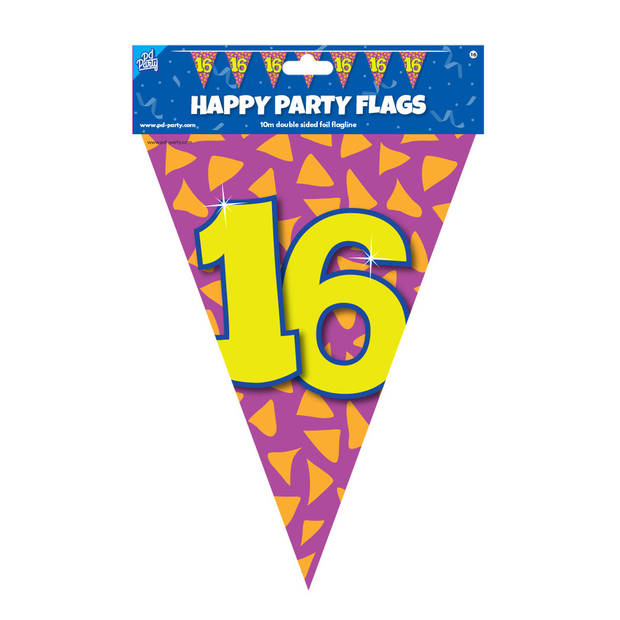 Paperdreams Verjaardag 16 jaar thema Vlaggetjes - Feestversiering - 10m - Folie - Dubbelzijdig - Vlaggenlijnen