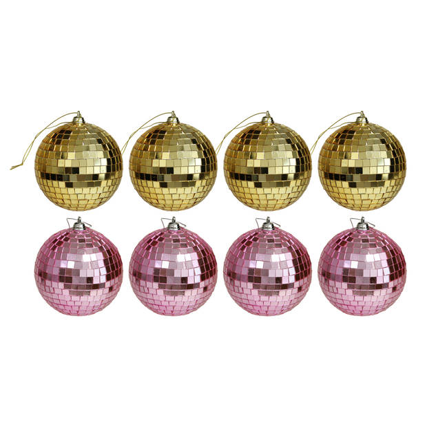 Kerstballen disco - 8x st - goud en roze - 8 cm - kunststof - Kerstbal