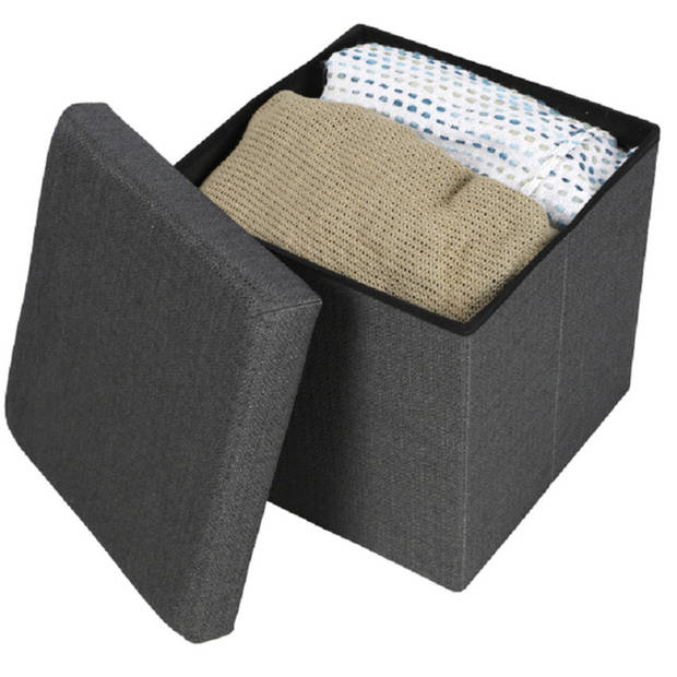 Urban Living Poef/hocker - opbergbox zit krukje - donkergrijs - polyester/mdf - 38 x 38 cm - opvouwbaar - Poefs