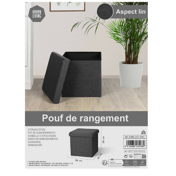 Urban Living Poef/hocker - opbergbox zit krukje - donkergrijs - polyester/mdf - 38 x 38 cm - opvouwbaar - Poefs